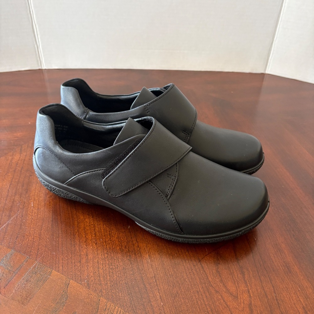 Hotter Sugar II Black Leather Wide Fit Hook Loop Shoes US 9 UK 7 Walking Support